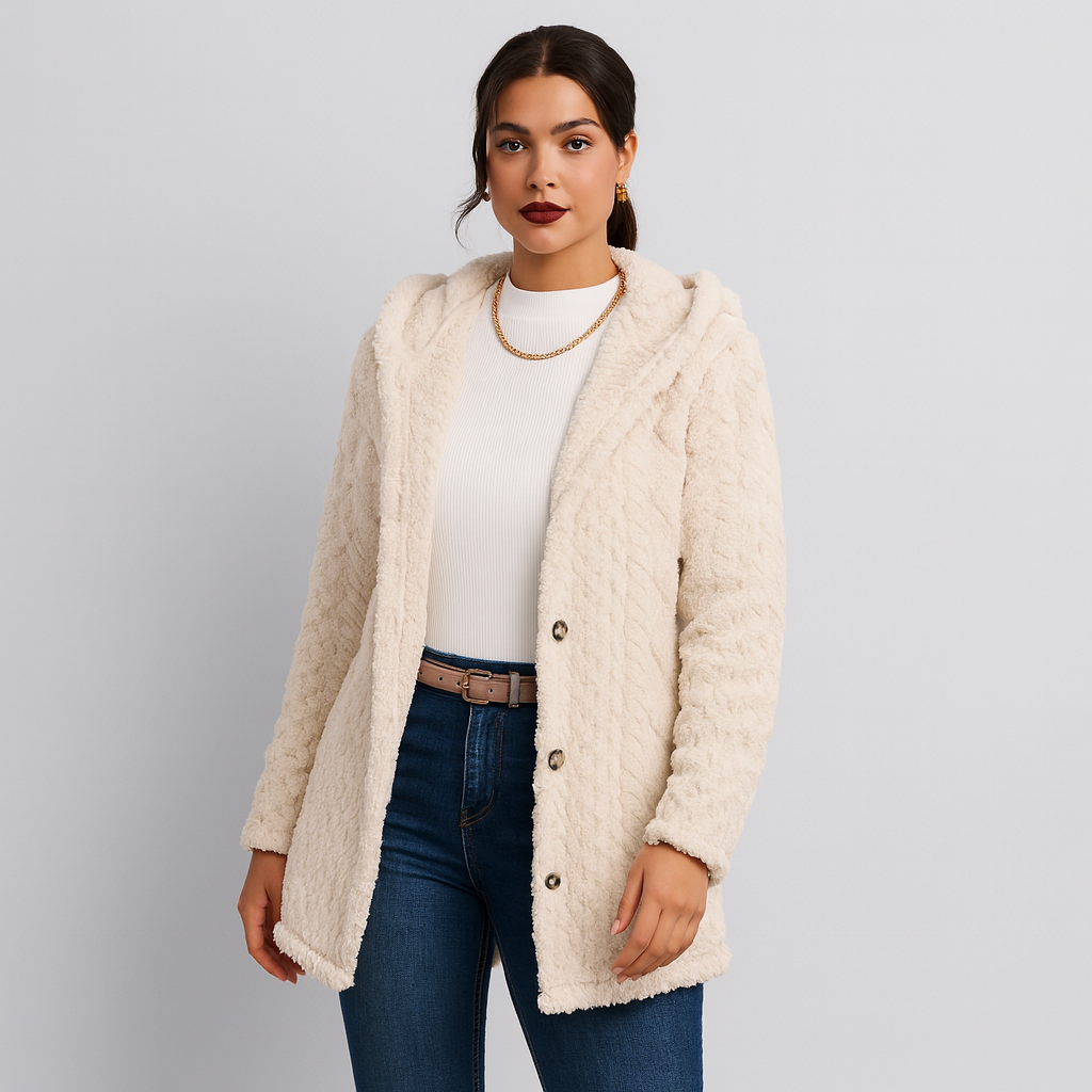 Marlena | Manteau à capuche teddy à boutons pour femmes pour l'automne et l'hiver