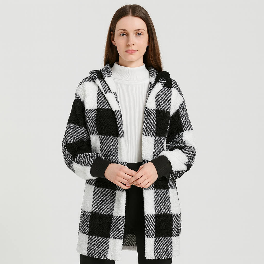 Ava | Cardigan en polaire pour femmes avec capuche et motif à carreaux