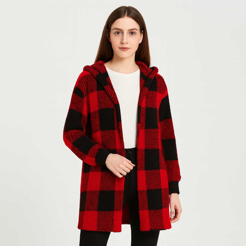 Ava | Cardigan en polaire pour femmes avec capuche et motif à carreaux