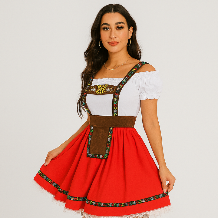 Dirndl Femme Oktoberfest – Robe sans épaules avec manches à volants et accents dorés