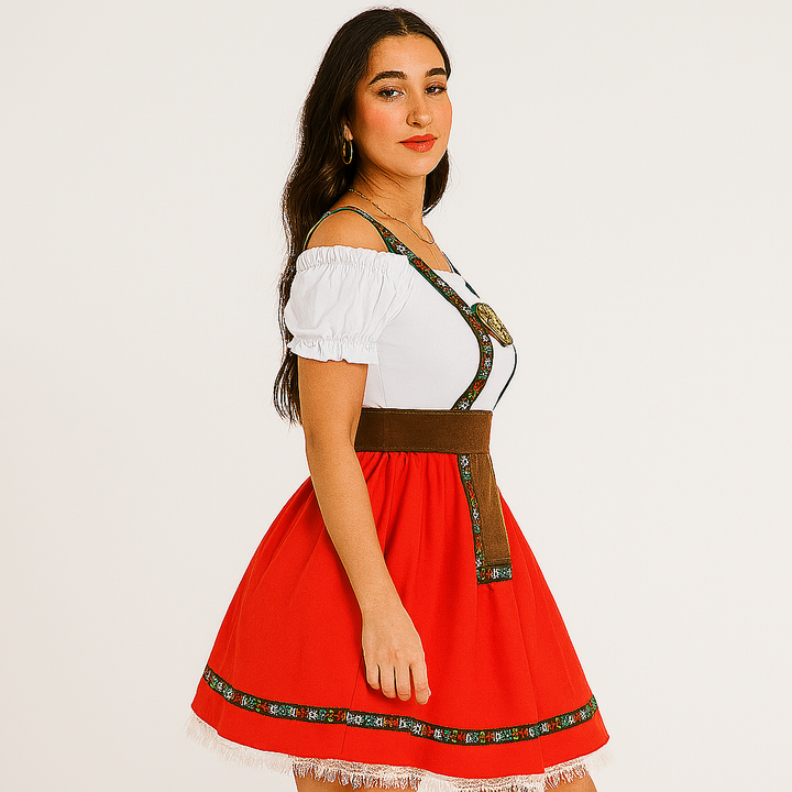 Dirndl Femme Oktoberfest – Robe sans épaules avec manches à volants et accents dorés