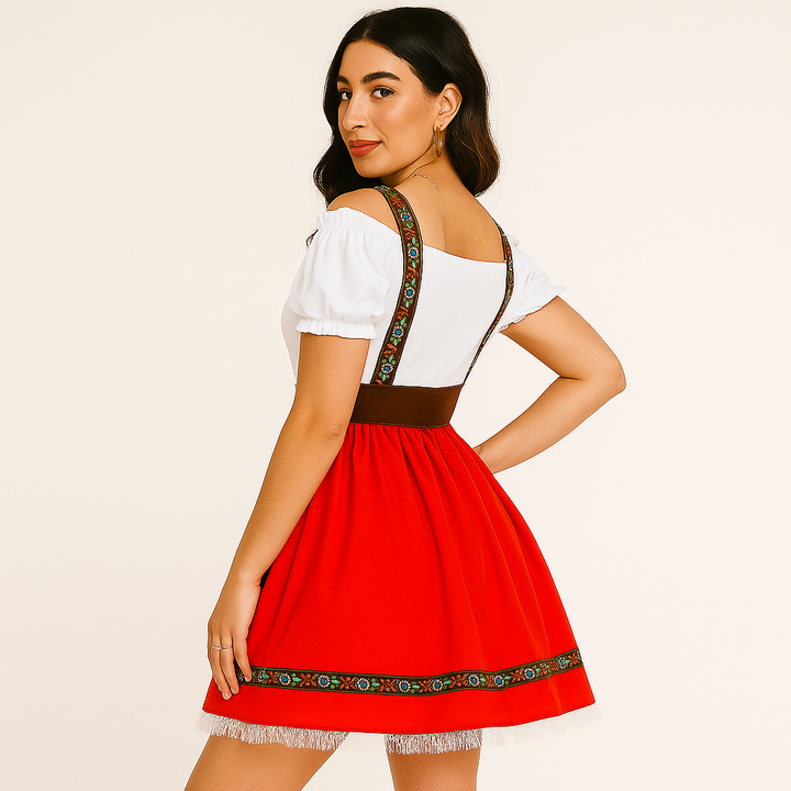 Dirndl Femme Oktoberfest – Robe sans épaules avec manches à volants et accents dorés