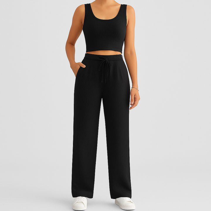 Ensemble d'été 2 pièces pour femmes – Top court sans manches et pantalon structuré taille haute