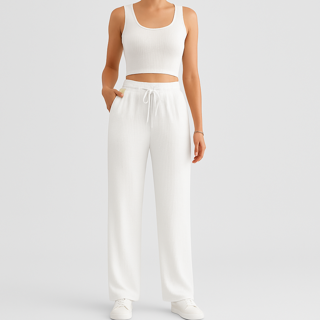 Ensemble d'été 2 pièces pour femmes – Top court sans manches et pantalon structuré taille haute