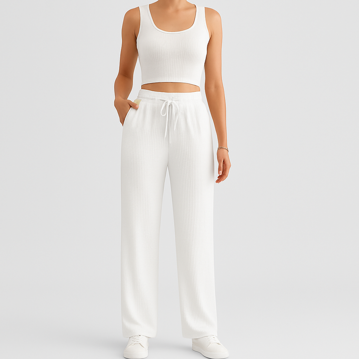 Ensemble d'été 2 pièces pour femmes – Top court sans manches et pantalon structuré taille haute