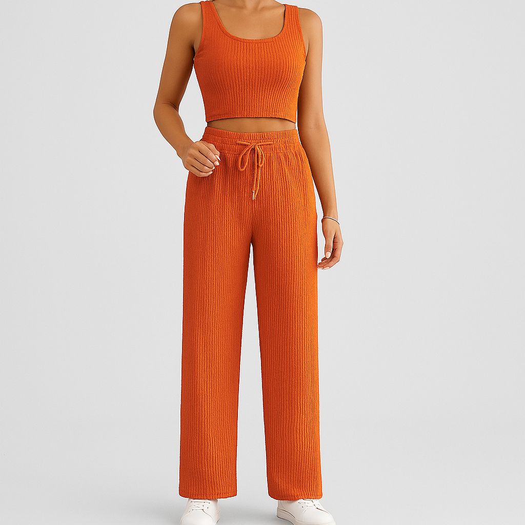 Ensemble d'été 2 pièces pour femmes – Top court sans manches et pantalon structuré taille haute
