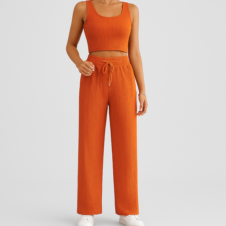 Ensemble d'été 2 pièces pour femmes – Top court sans manches et pantalon structuré taille haute