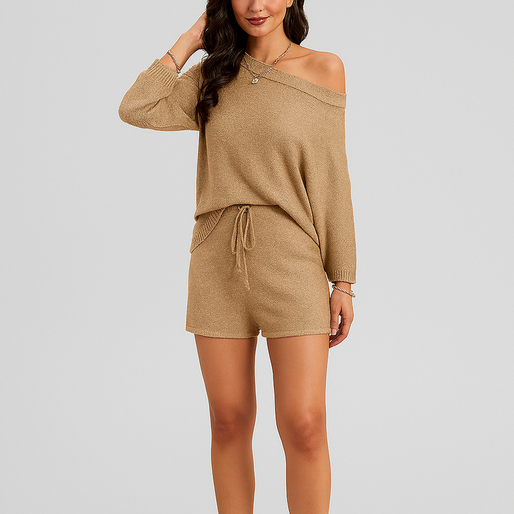 Ensemble élégant 2 pièces – Top à bretelles off-shoulder & shorts cintrés pour femmes