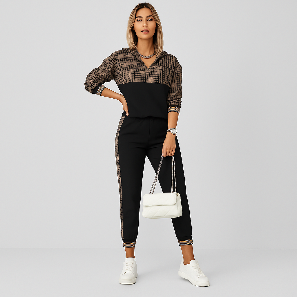 Ensemble de survêtement 2 pièces pour femmes – Haut à fermeture éclair à carreaux & pantalon fuselé avec bandes latérales