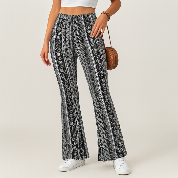 Chelsea – Pantalon évasé boho pour femmes – Imprimé intégral, coupe slim