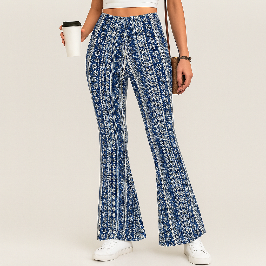 Chelsea – Pantalon évasé boho pour femmes – Imprimé intégral, coupe slim
