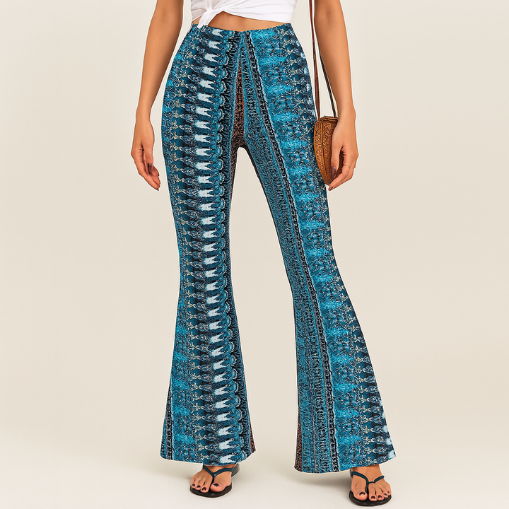 Chelsea – Pantalon évasé boho pour femmes – Imprimé intégral, coupe slim