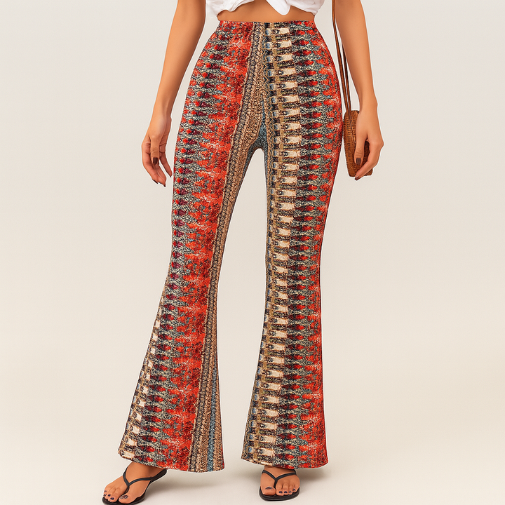 Chelsea – Pantalon évasé boho pour femmes – Imprimé intégral, coupe slim