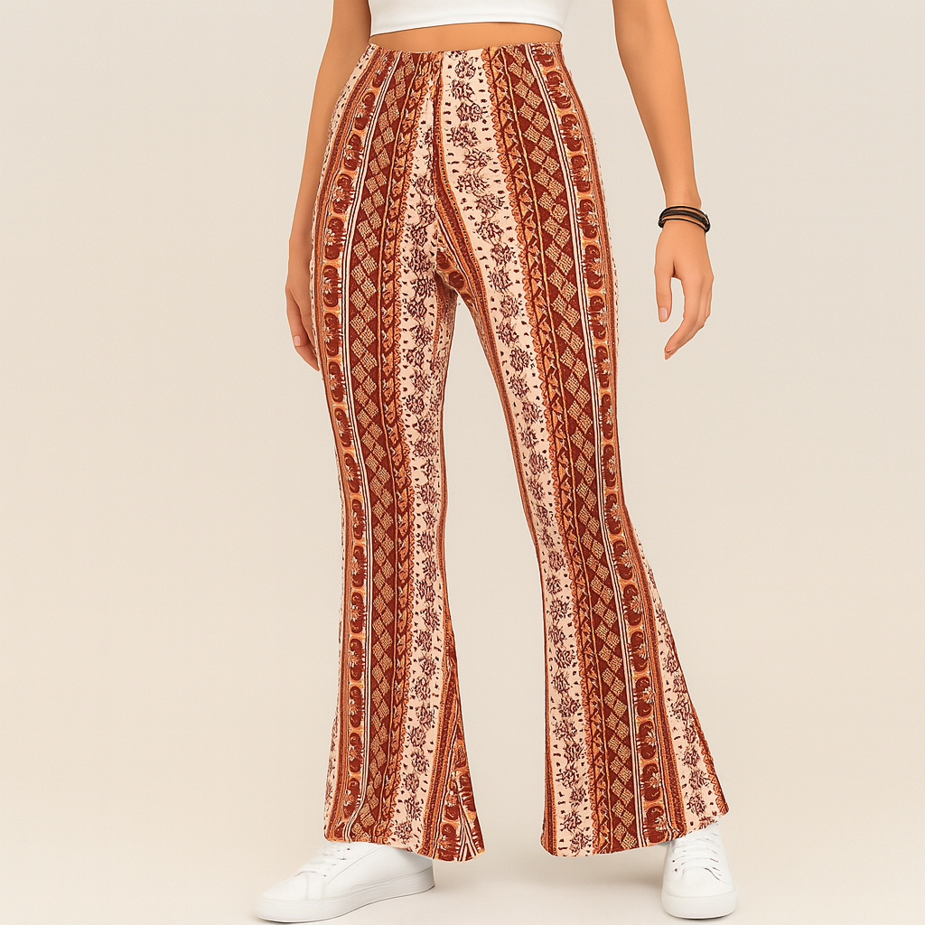 Chelsea – Pantalon évasé boho pour femmes – Imprimé intégral, coupe slim