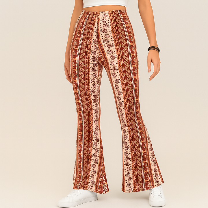 Chelsea – Pantalon évasé boho pour femmes – Imprimé intégral, coupe slim