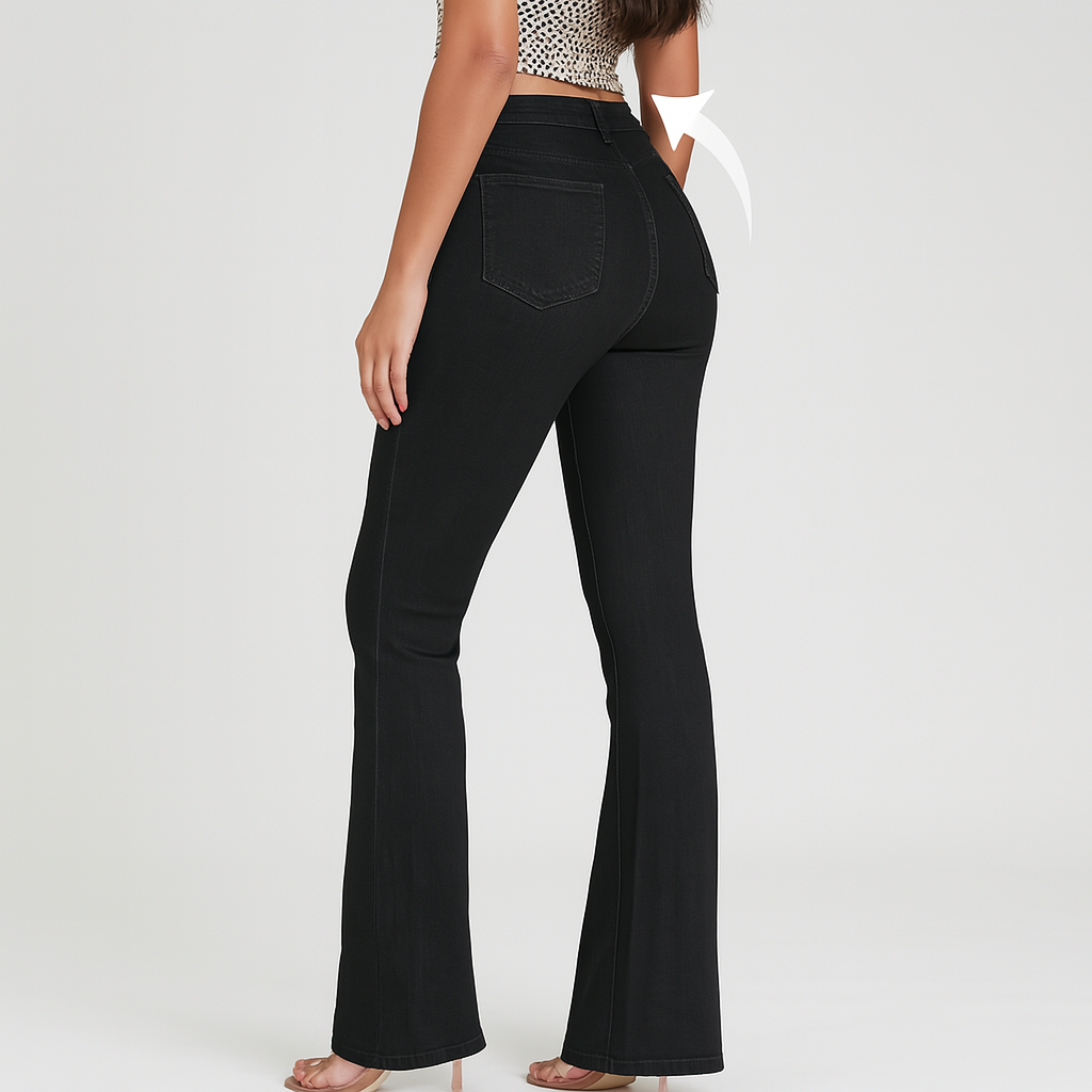 Bella – Jean évasé noir élégant pour femmes – Très élastique avec taille haute