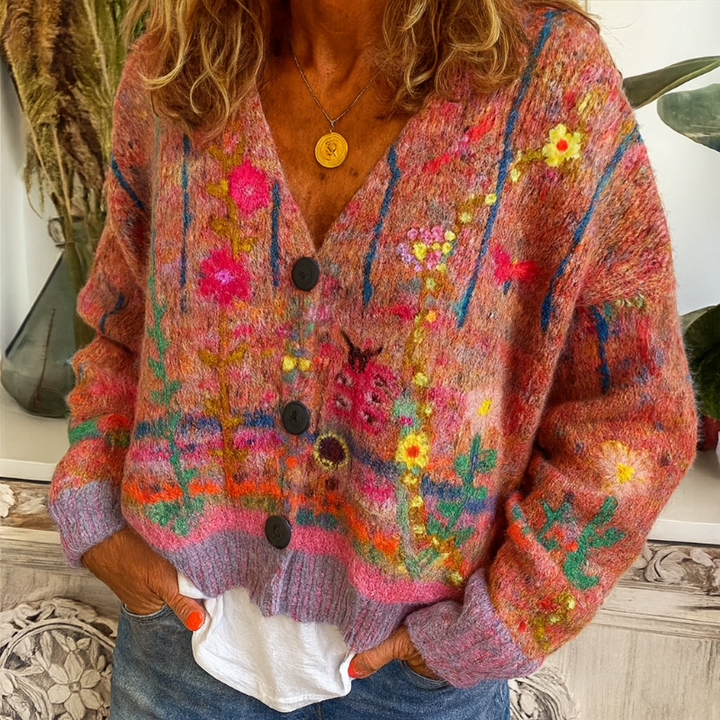 Gilet pour femmes à boutons avec motif floral coloré et décolleté en V