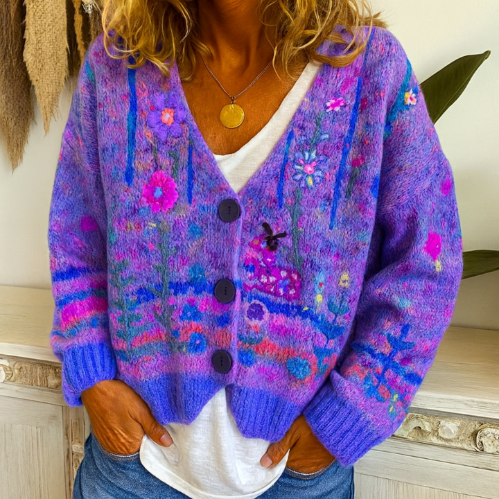 Gilet pour femmes à boutons avec motif floral coloré et décolleté en V