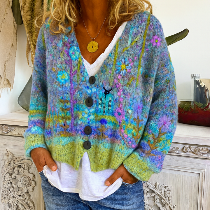Gilet pour femmes à boutons avec motif floral coloré et décolleté en V