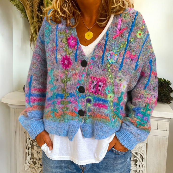 Gilet pour femmes à boutons avec motif floral coloré et décolleté en V