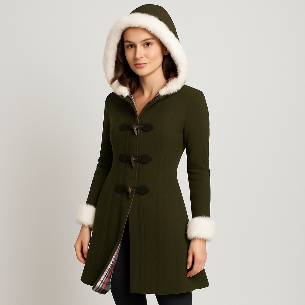 Selena | Manteau à capuche pour femmes avec patchwork à carreaux et boutons en corne