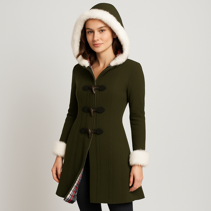 Selena | Manteau à capuche pour femmes avec patchwork à carreaux et boutons en corne