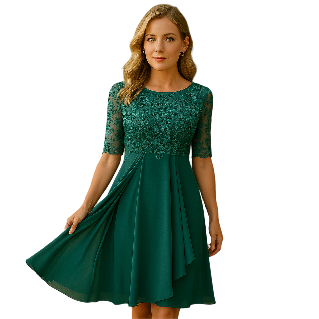 Robe de soirée blonde à longueur genou – manches courtes et design élégant