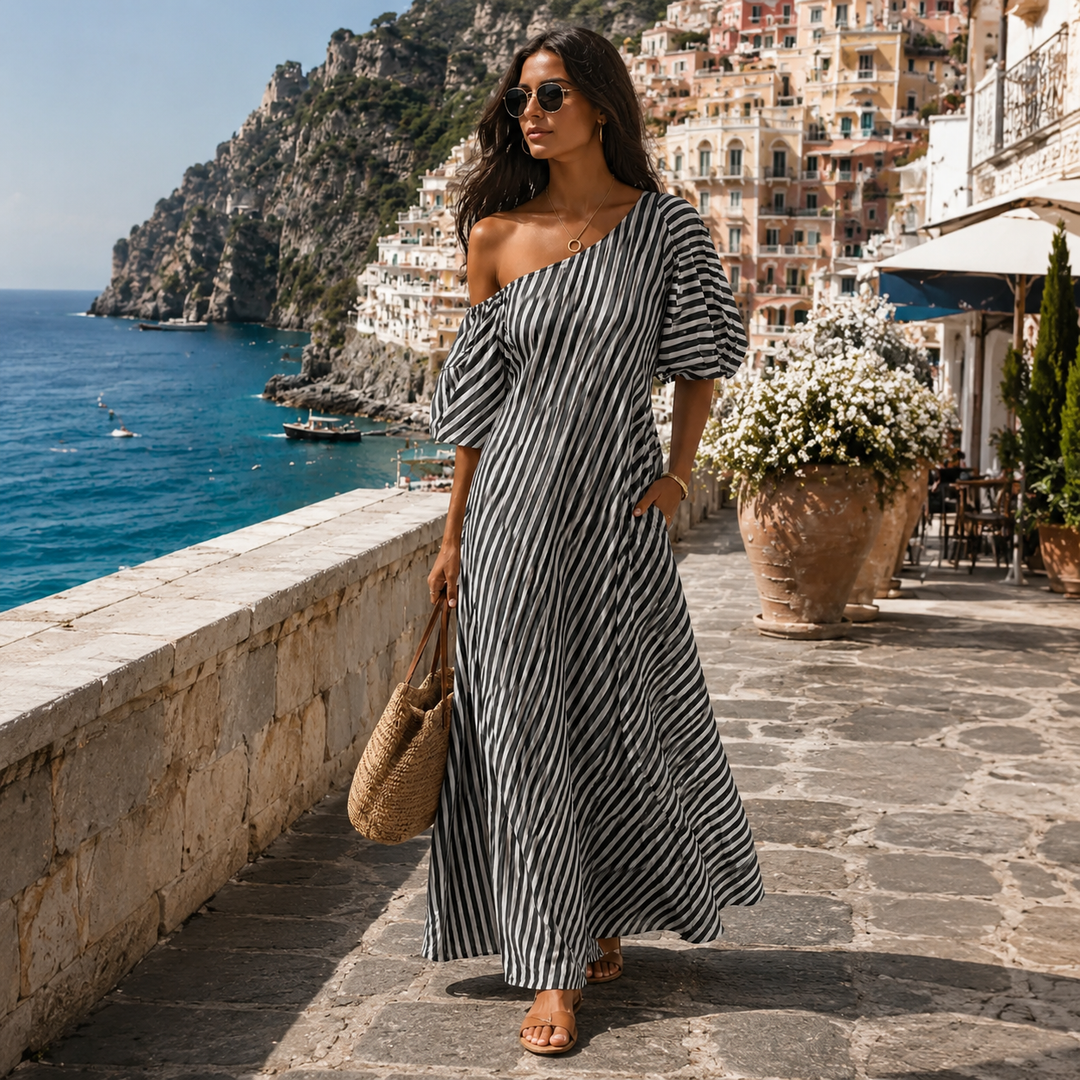 Carla | Robe maxi rayée avec décolleté asymétrique