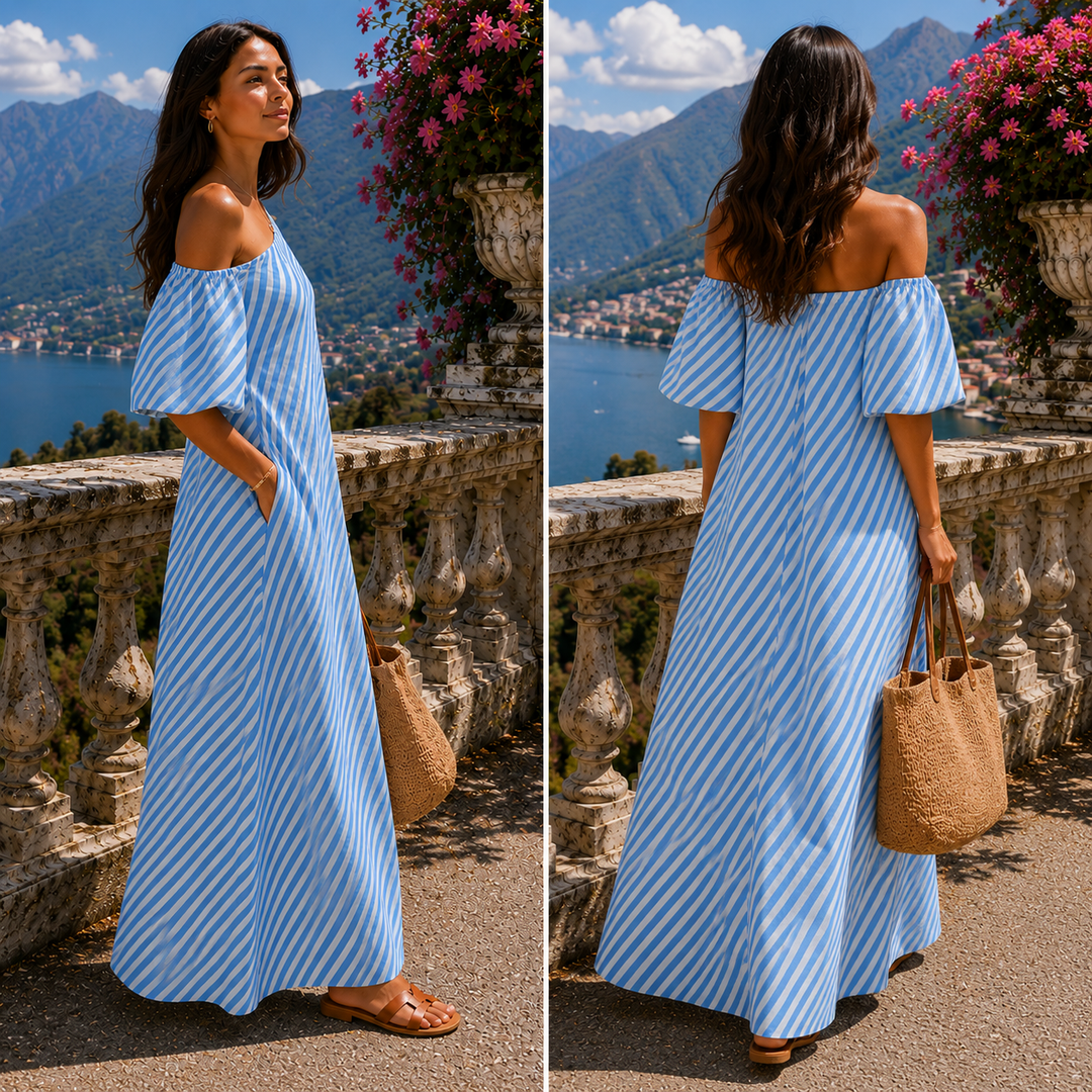 Carla | Robe maxi rayée avec décolleté asymétrique