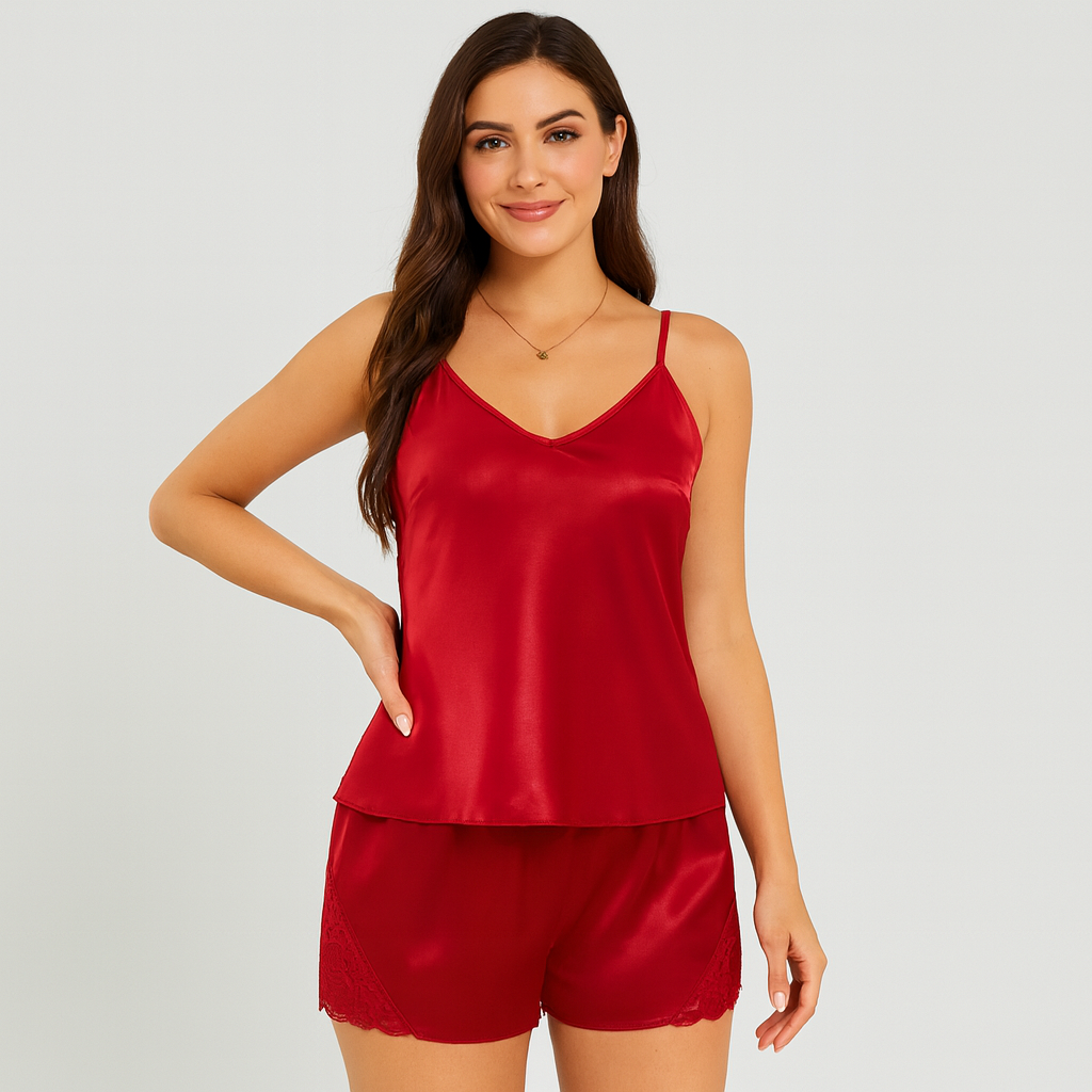 Ensemble de pyjama en satin élégant pour femmes – avec bordure en dentelle contrastante