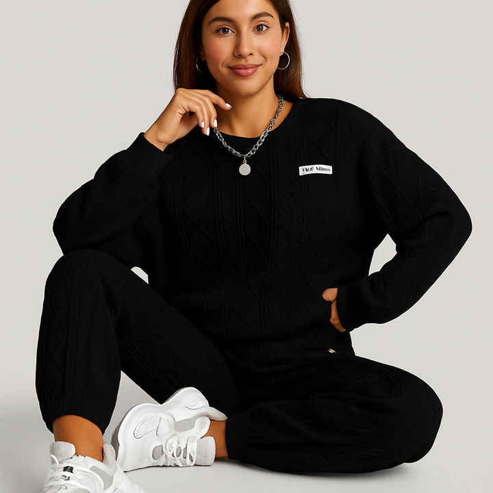 Ensemble Femme en Tissu Texturé – Sweat à Manches Longues & Pantalon de Jogging – Décontracté & Confortable