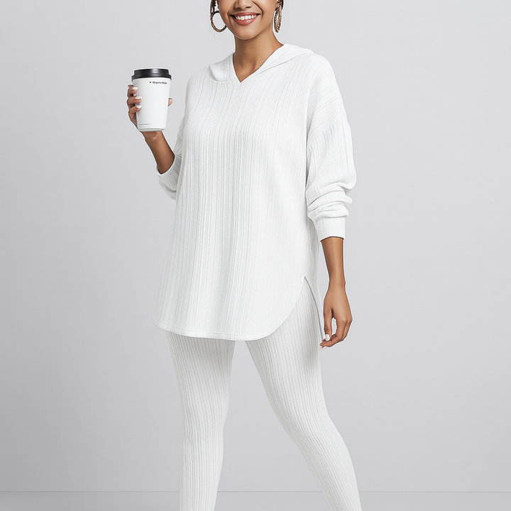 Ensemble pour femmes en tricot côtelé – Sweat à capuche à manches longues & Pantalon skinny – Tenue décontractée