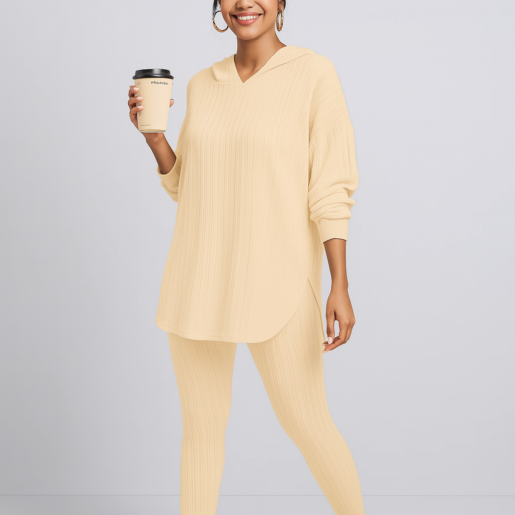 Ensemble pour femmes en tricot côtelé – Sweat à capuche à manches longues & Pantalon skinny – Tenue décontractée