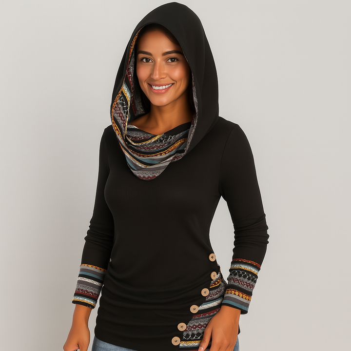 Sweat à capuche pour femmes avec rayures ethniques – Hoodie à manches longues en style patchwork