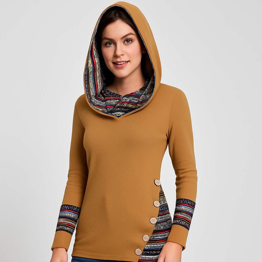 Sweat à capuche pour femmes avec rayures ethniques – Hoodie à manches longues en style patchwork