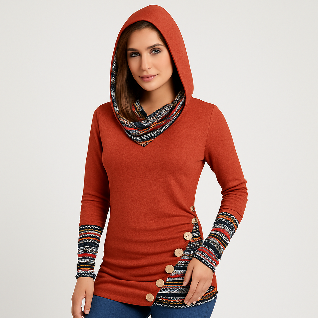 Sweat à capuche pour femmes avec rayures ethniques – Hoodie à manches longues en style patchwork
