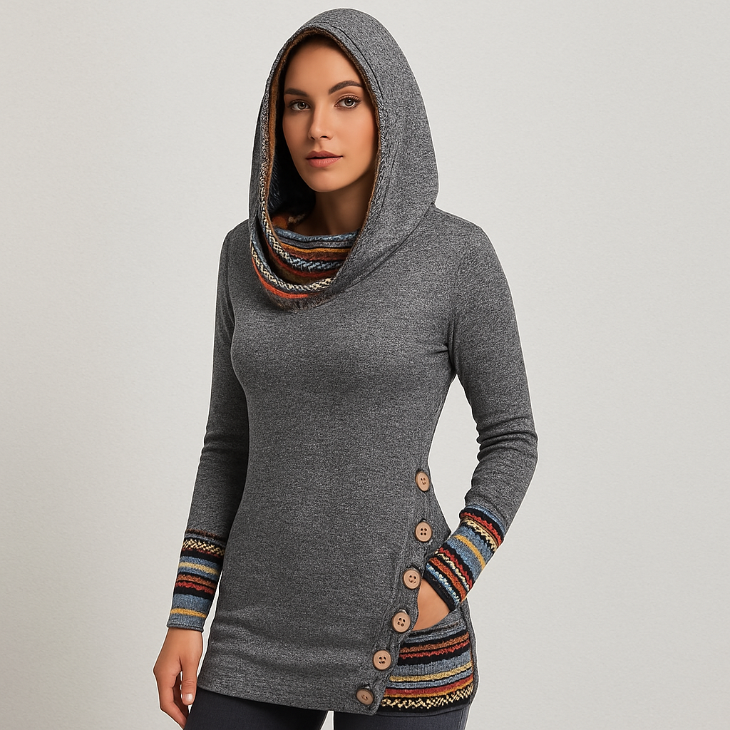 Sweat à capuche pour femmes avec rayures ethniques – Hoodie à manches longues en style patchwork