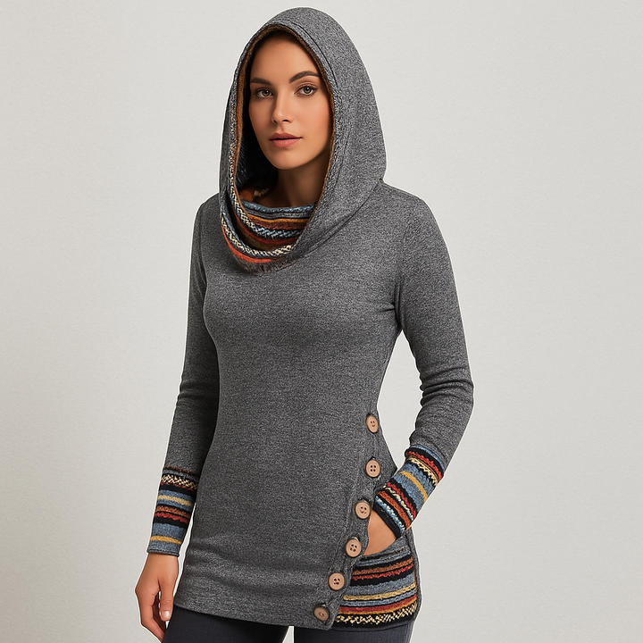 Sweat à capuche pour femmes avec rayures ethniques – Hoodie à manches longues en style patchwork