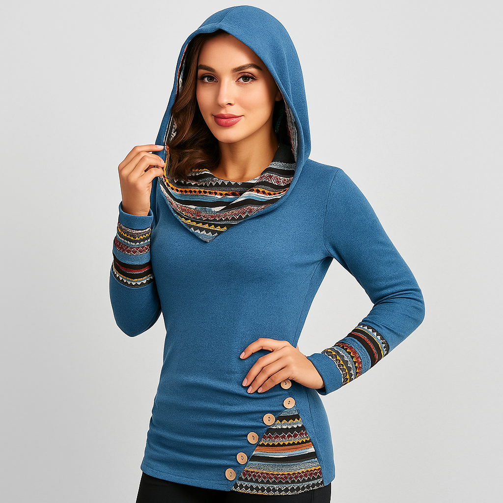 Sweat à capuche pour femmes avec rayures ethniques – Hoodie à manches longues en style patchwork