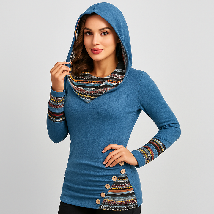 Sweat à capuche pour femmes avec rayures ethniques – Hoodie à manches longues en style patchwork