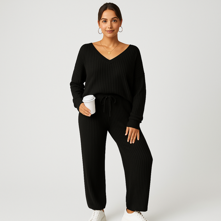 Ensemble Lounge pour Femmes en Maille Côtelée – Top à Col V Uni & Pantalon de Jogging avec Taille Élastique