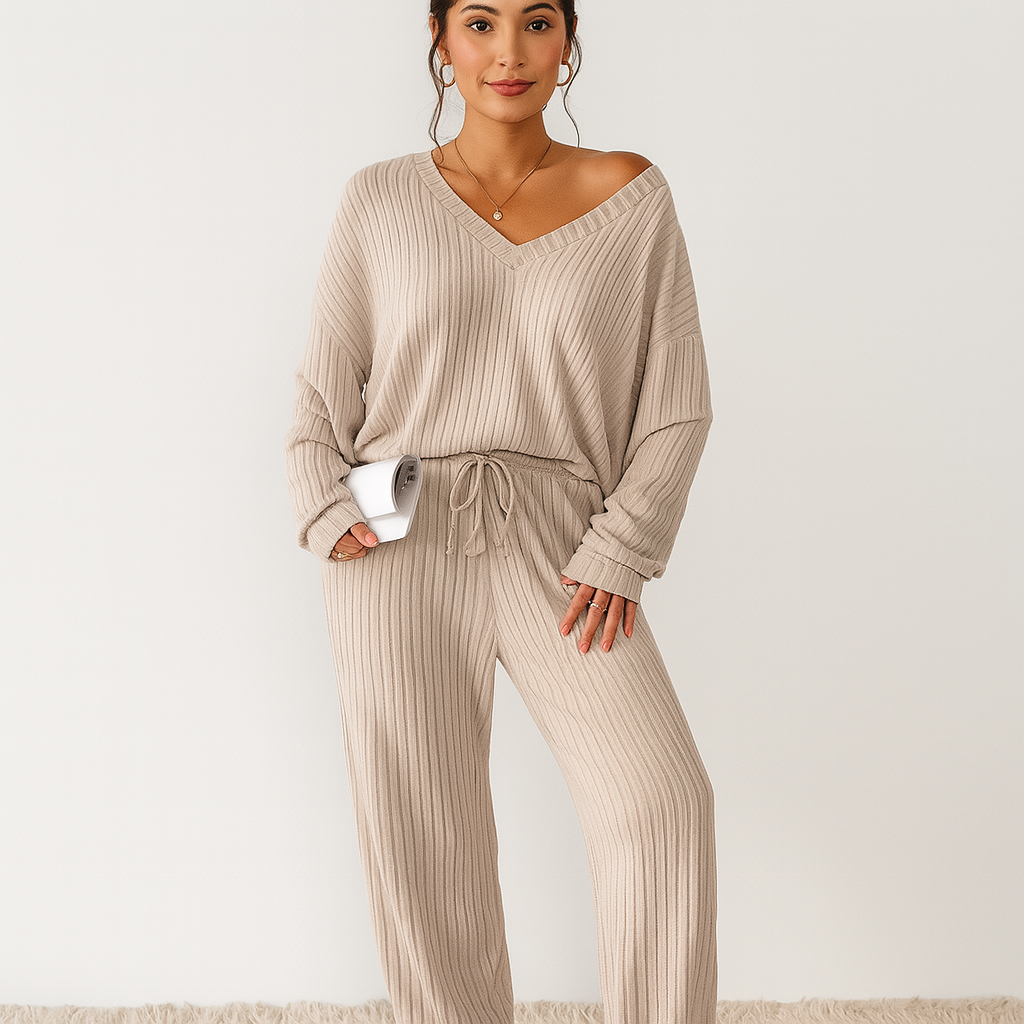 Ensemble Lounge pour Femmes en Maille Côtelée – Top à Col V Uni & Pantalon de Jogging avec Taille Élastique