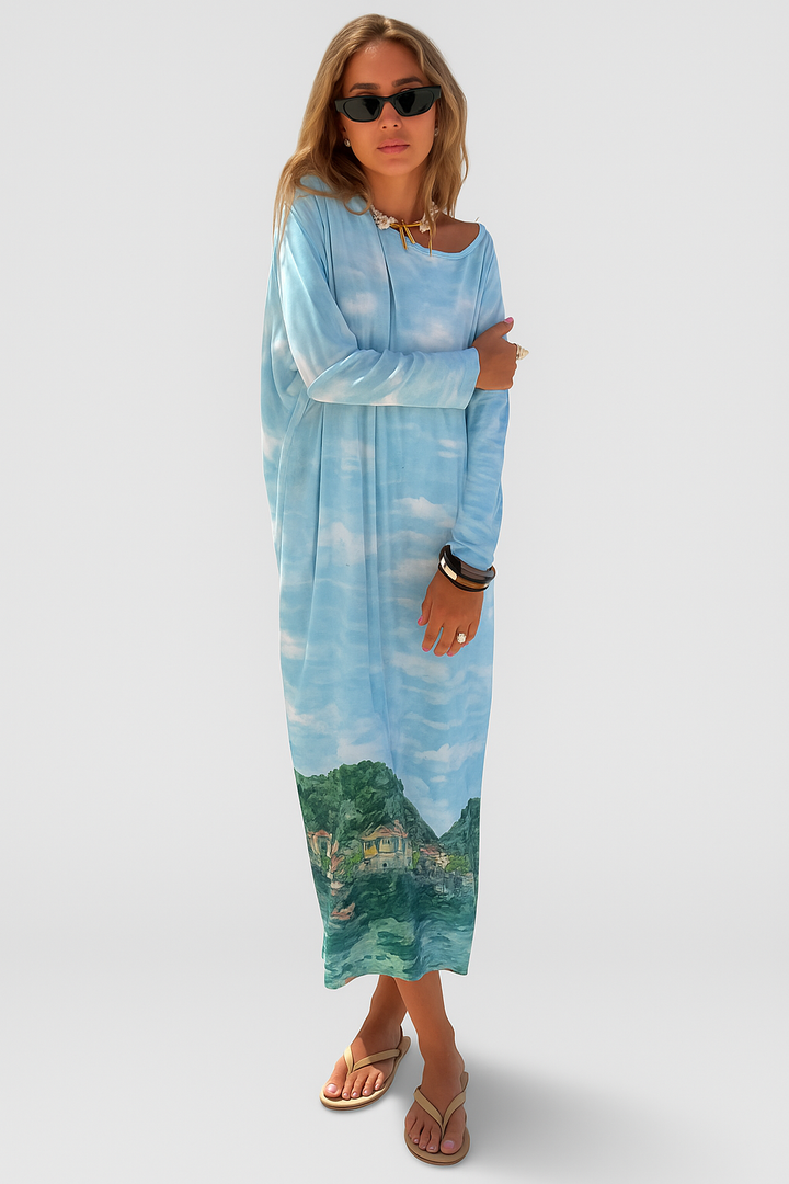 Robe maxi d'été à manches longues Aurora avec un imprimé unique