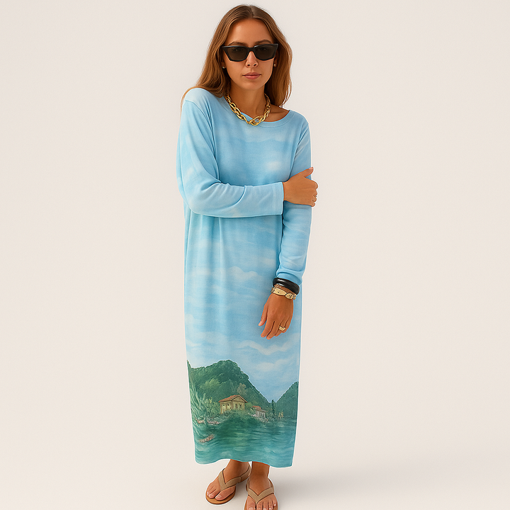 Robe maxi d'été à manches longues Aurora avec un imprimé unique