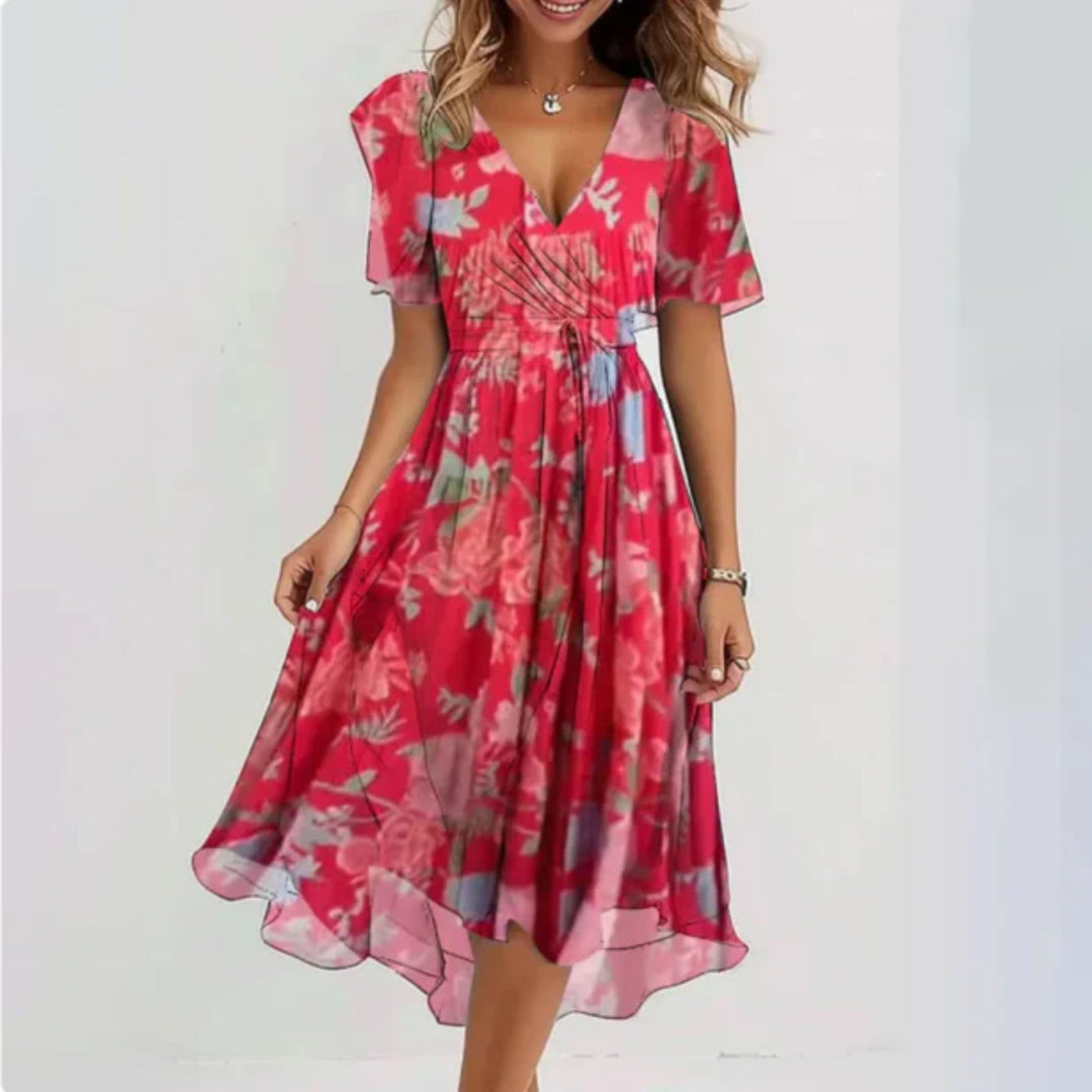 Robe en chiffon - Décolleté en V - Manches papillon - Robe midi - Robe d'été