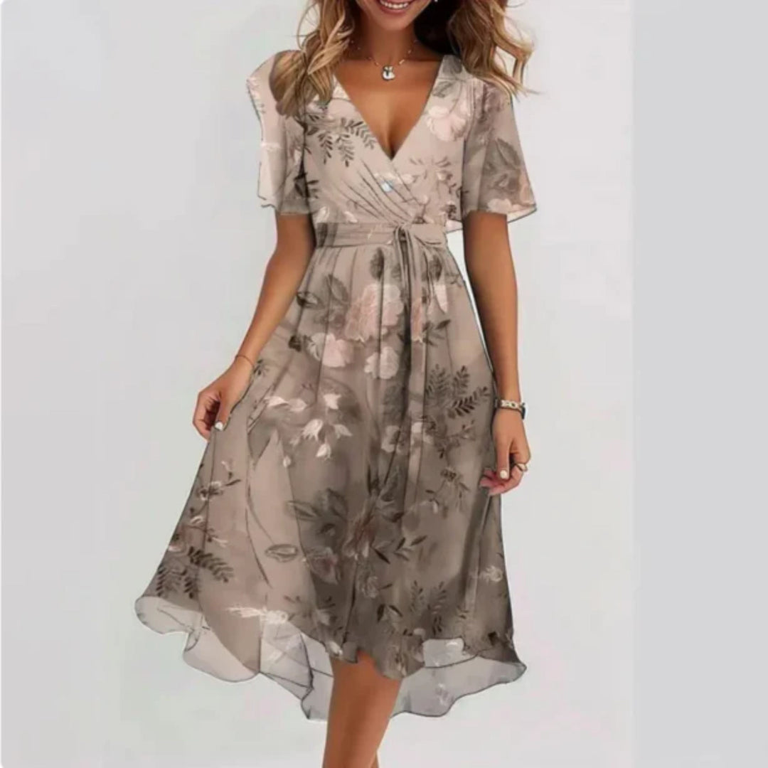 Robe en chiffon - Décolleté en V - Manches papillon - Robe midi - Robe d'été