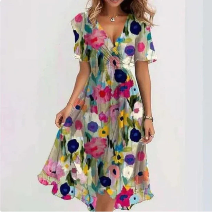 Robe en chiffon - Décolleté en V - Manches papillon - Robe midi - Robe d'été