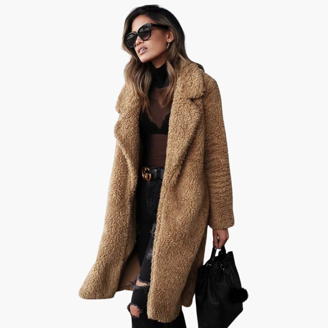 Manteau en peluche pour femmes long avec grand col et surface texturée