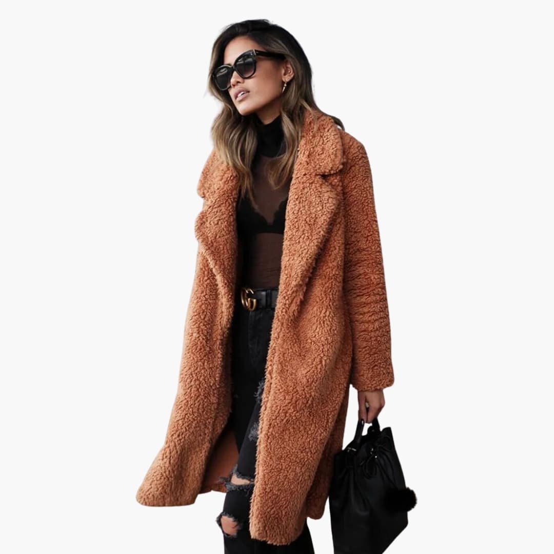 Manteau en peluche pour femmes long avec grand col et surface texturée