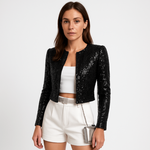Veste de Soirée Femme Élégante Paillettes Blazer Structuré